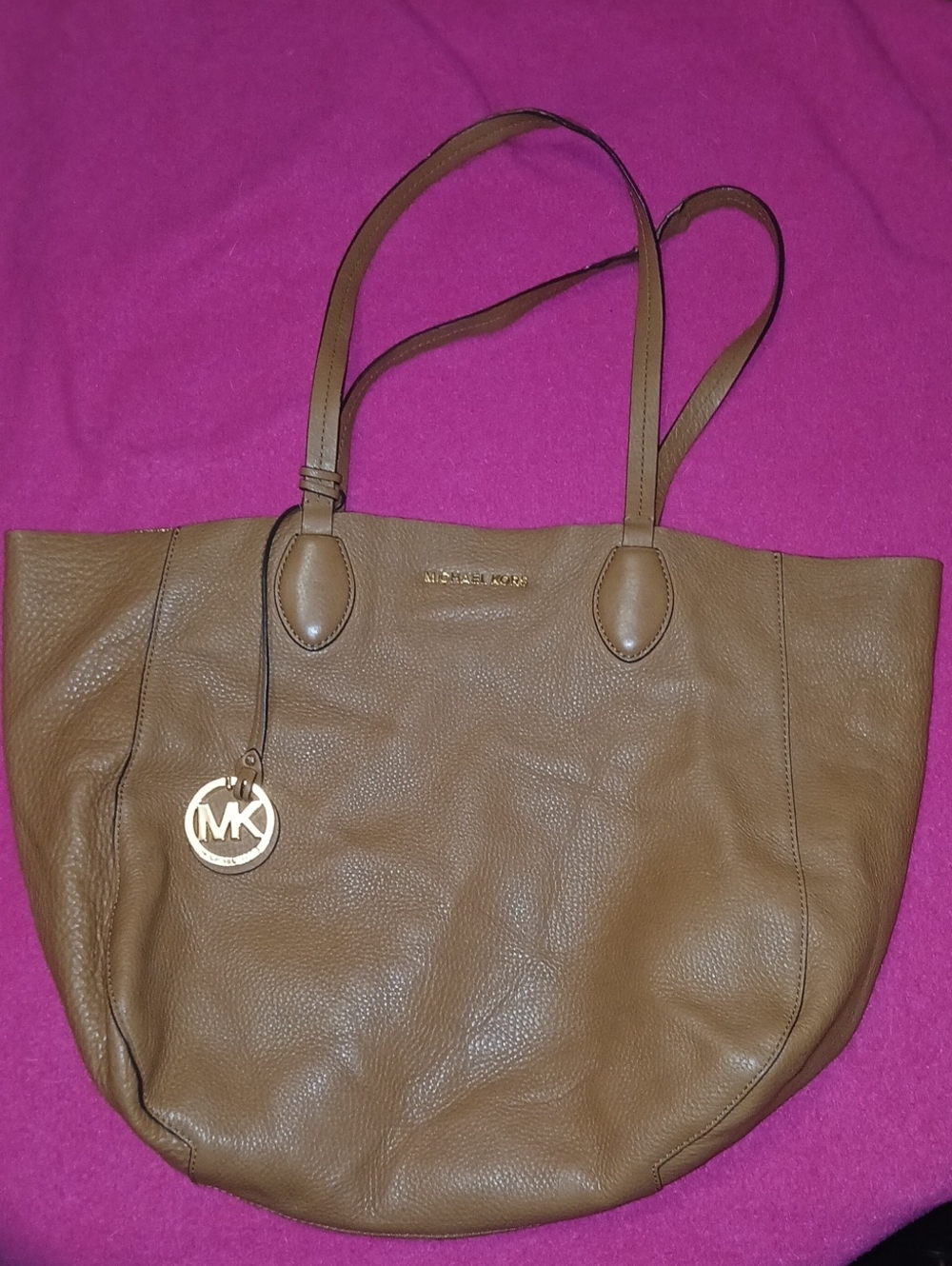 Michael Kors Tan Pebble Leather Tote with Gold MK Charm